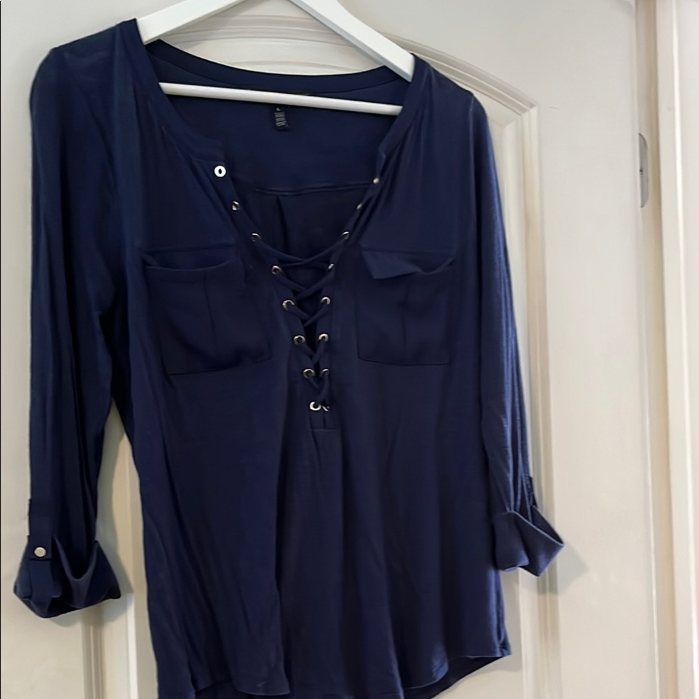 White House Black Market Blue Buttoned Polo Top